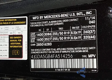 2015 Mercedes-Benz Ml 400 4Matic из США, поврежденный, VIN 4JGDA5GB4FA514256